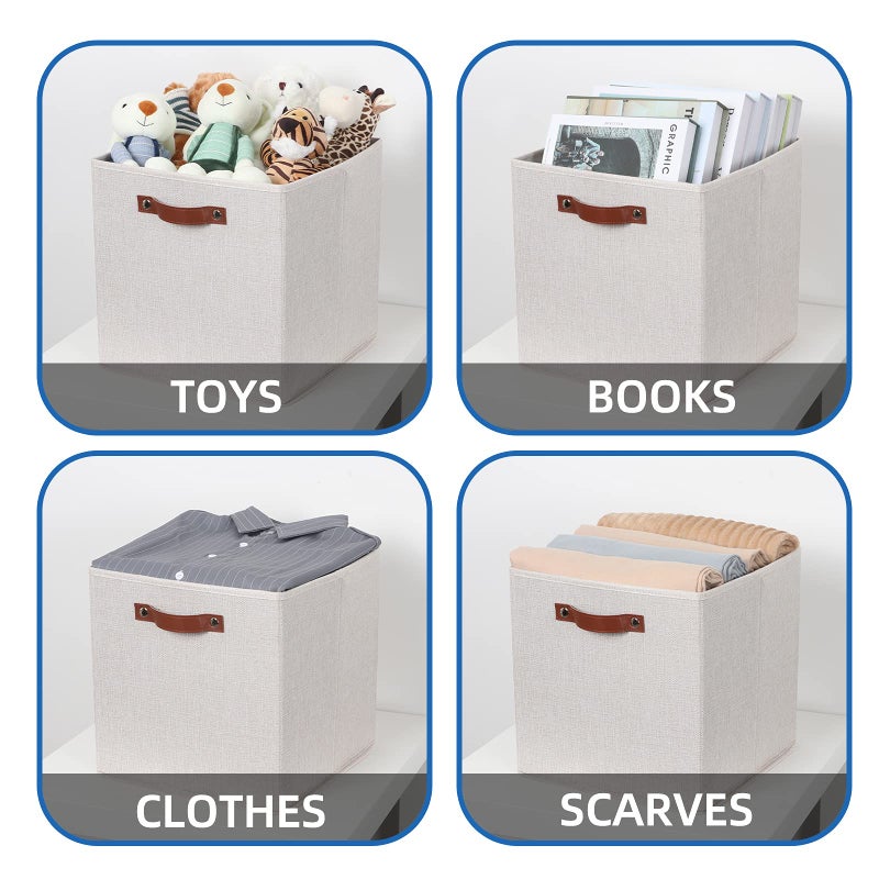 Temary Fabric Storage Cubes Storage Bins with Dual Leather Handles, 4 Pack Cube Baskets 13x13 Foldable Cube Organizers for Shelves, Home, Office, Nursery - Image 5