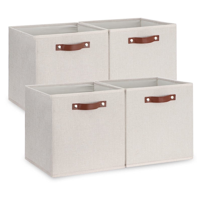 Temary Fabric Storage Cubes Storage Bins with Dual Leather Handles, 4 Pack Cube Baskets 13x13 Foldable Cube Organizers for Shelves, Home, Office, Nursery - Image 1
