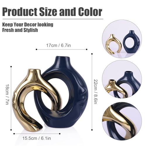 GAOSHENG Navy Blue Gold Ceramic Vase Set of 2 for Modern Home DecorRound Boho Vase for Pampas GrassNeutral Minimalist Statue for Dining Room Table Centerpiece Dining RoomWedding Table Decoration - Image 3