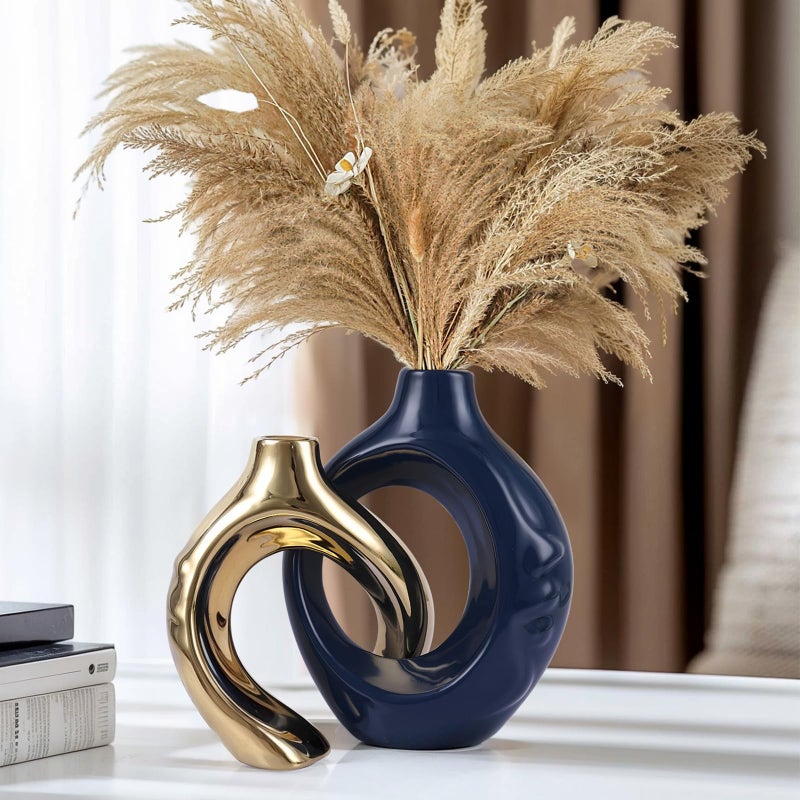 GAOSHENG Navy Blue Gold Ceramic Vase Set of 2 for Modern Home DecorRound Boho Vase for Pampas GrassNeutral Minimalist Statue for Dining Room Table Centerpiece Dining RoomWedding Table Decoration - Image 2