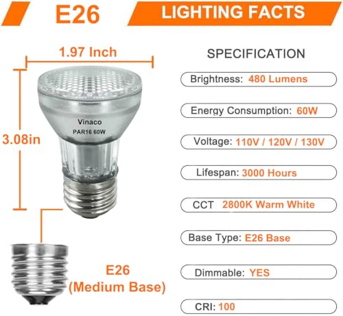 Vinaco PAR16 Bulb 120V, 6 Pack Long Lasting PAR16 Halogen Bulb 60 Watt with E26 Base, PAR16 Dimmable with 2800K Warm White, High Output PAR 16 Flood 60W for Range Hood Lights, Table Light, Track Light - Image 2