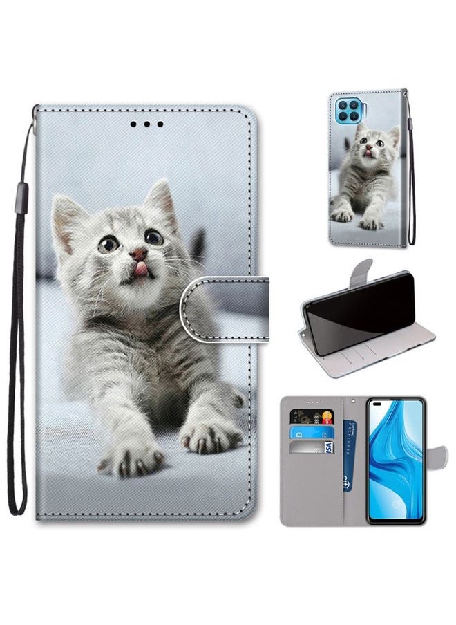 HuHa Case Cover For OPPO F17 Pro / A93 4G / Reno4 Lite / Reno4 F Coloured Drawing Cross Texture Horizontal Flip PU Leather Case with Holder & Card Slots & Wallet & Lanyard Small Gray Cat 