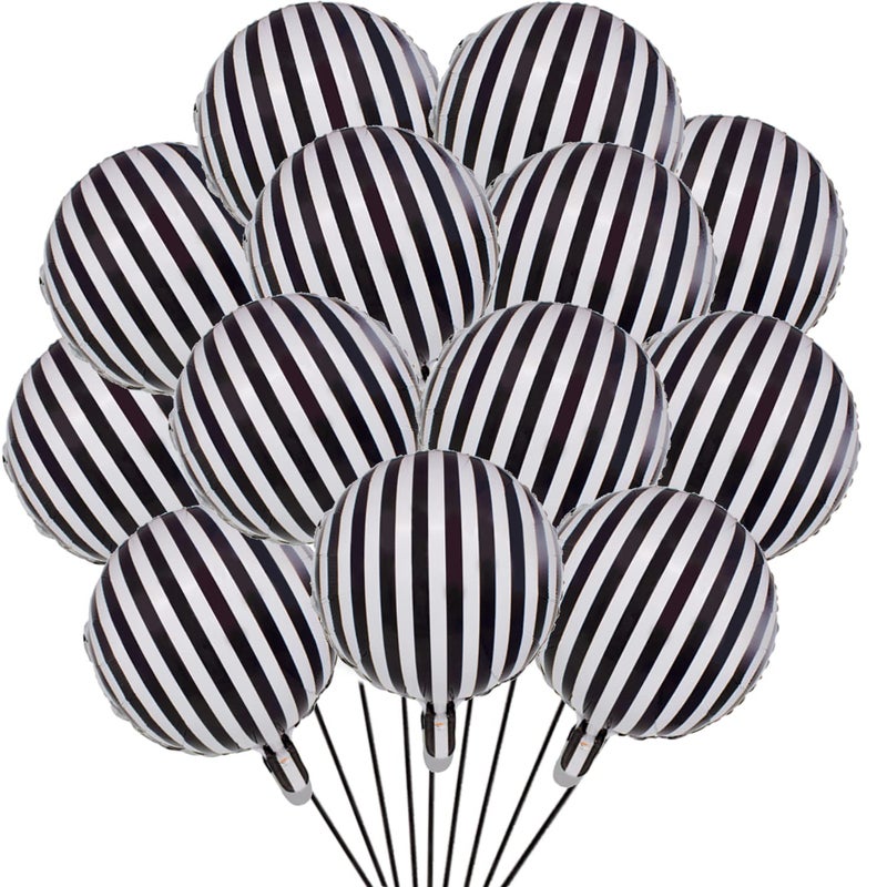 Finypa 20 Black and White Striped Foil Balloons, 20 Count, Round, Metallic Finish, Party Balloons for Boys, Birthday, Baby Shower, Children - Image 5