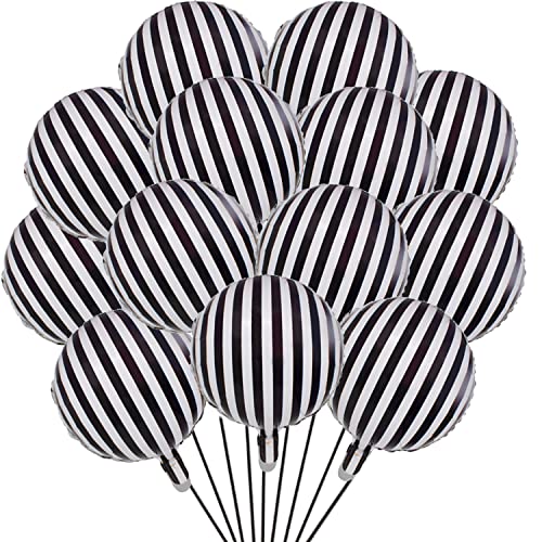 Finypa 20 Black and White Striped Foil Balloons, 20 Count, Round, Metallic Finish, Party Balloons for Boys, Birthday, Baby Shower, Children - Image 1