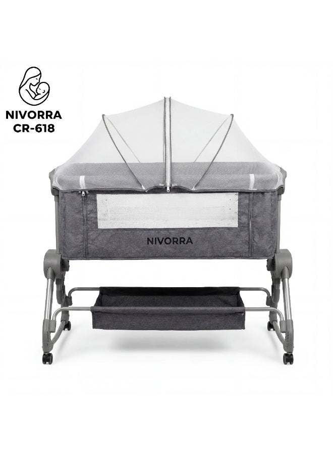 Nivorra Baby Bassinet & Rocking Cradle | 4 Adjustable Height Levels, Portable Crib with Wheels, Mosquito Net & Diaper Changing Table - Image 1