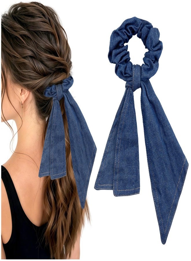 PLwelth Denim Hair Scrunchies for Women Girls Blue Jean Hair Ties with Bow Ribbon Elegant Hair Scrunchy for Long Thick Hair Ponytail Holder Cute Elastic Hair Bands Accessories for Daily Party Decor - Image 1