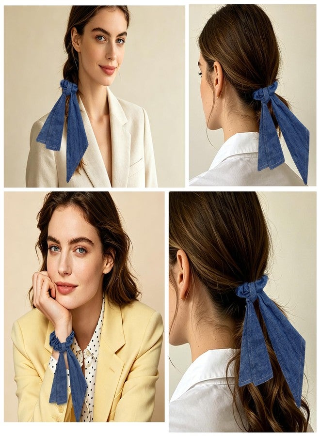 PLwelth Denim Hair Scrunchies for Women Girls Blue Jean Hair Ties with Bow Ribbon Elegant Hair Scrunchy for Long Thick Hair Ponytail Holder Cute Elastic Hair Bands Accessories for Daily Party Decor - Image 2
