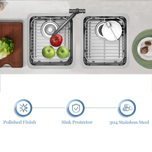 Homics Bottom of Sink Protector Rack, Stainless Steel 13.2"x11.6" Sink Grid Dish Drying Rack Grate with Rear Drain Hole 2 Packs - Image 5