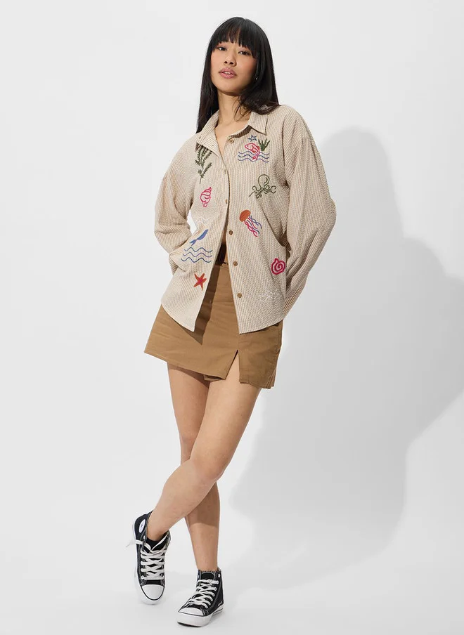 ذا سوليد ستور The Souled Store Women Oversized Fit Textured Beige Shirt with Embroidery