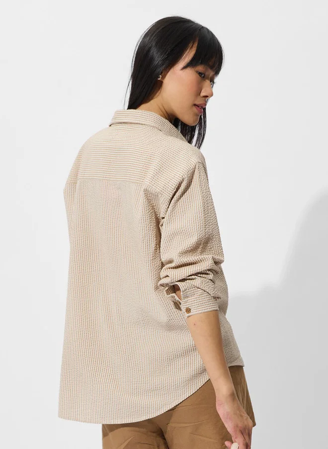 The Souled Store  The Souled Store Women Oversized Fit Textured Beige Shirt with Embroidery  | Best Price UAE