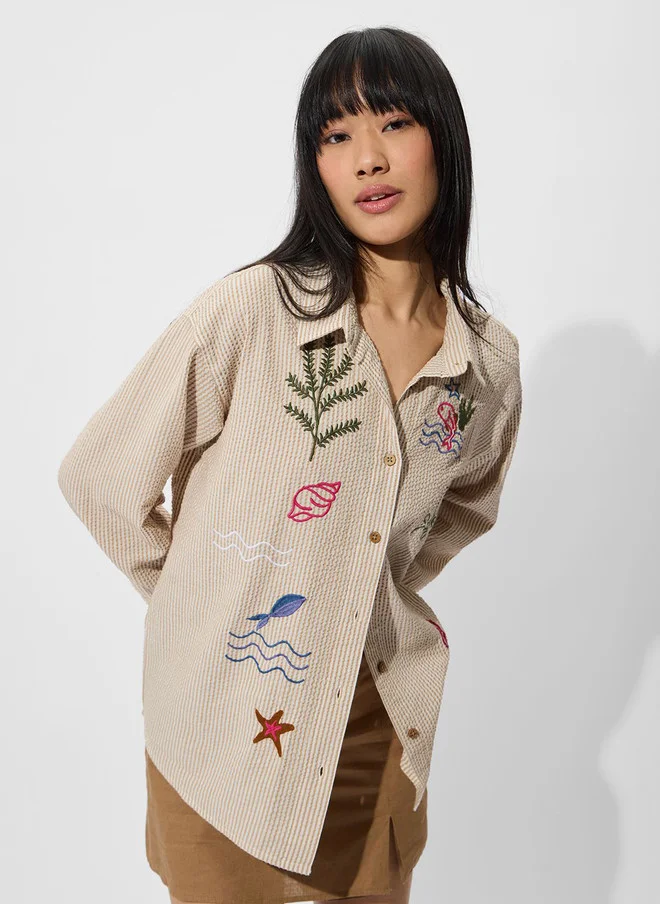 ذا سوليد ستور The Souled Store Women Oversized Fit Textured Beige Shirt with Embroidery