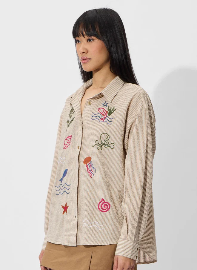 The Souled Store  The Souled Store Women Oversized Fit Textured Beige Shirt with Embroidery  | Best Price UAE
