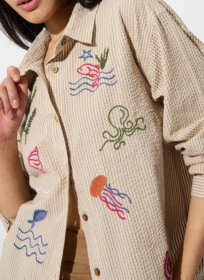 The Souled Store  The Souled Store Women Oversized Fit Textured Beige Shirt with Embroidery  | Best Price UAE