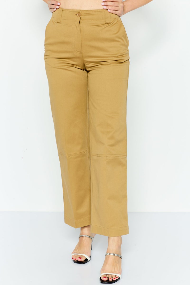 LACOSTE Women Regular Fit Straight Leg Plain Pants, Khaki  - Image 1