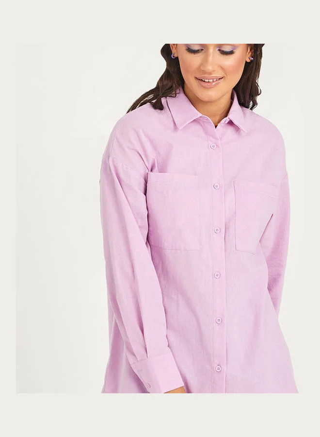 Styli Linen Look Oversized Shirt with Patch Pocket Detail
