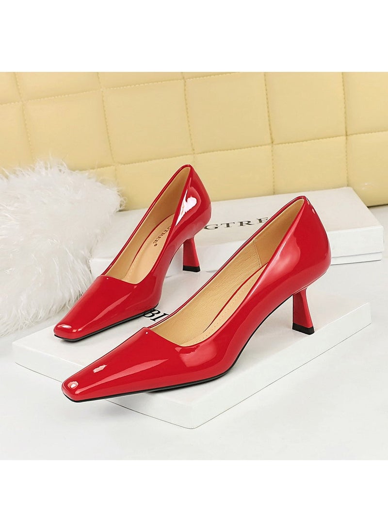 6183-1 Korean style spring and autumn fashionable simple patent leather womens shoes stiletto high heel low-cut square toe all-match high heels single-layer shoes Red