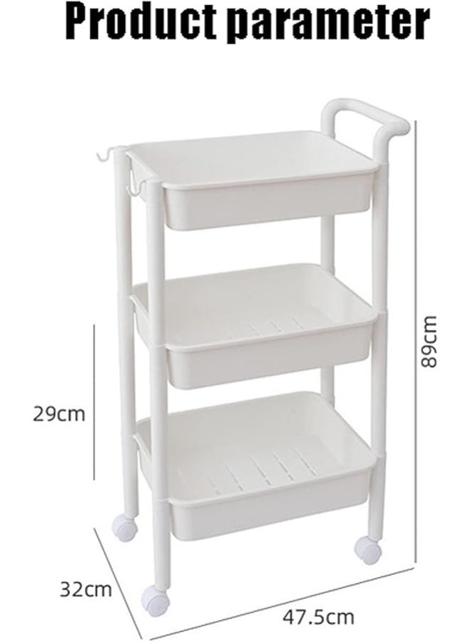 Rolling Cart: 3-Tier Cart Storage Rack with One-Sided Armrest Plastic Lightweight Storage Trolley with 360 Degree Wheels Mobile Serving Cart with 2 Side Hooks Utility cart, White - Image 2