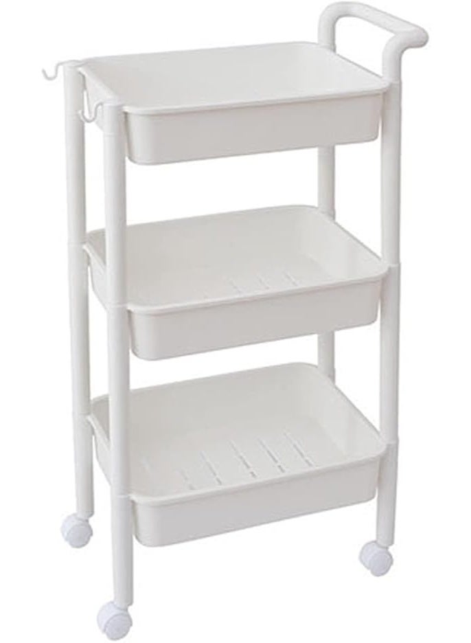 Rolling Cart: 3-Tier Cart Storage Rack with One-Sided Armrest Plastic Lightweight Storage Trolley with 360 Degree Wheels Mobile Serving Cart with 2 Side Hooks Utility cart, White - Image 1