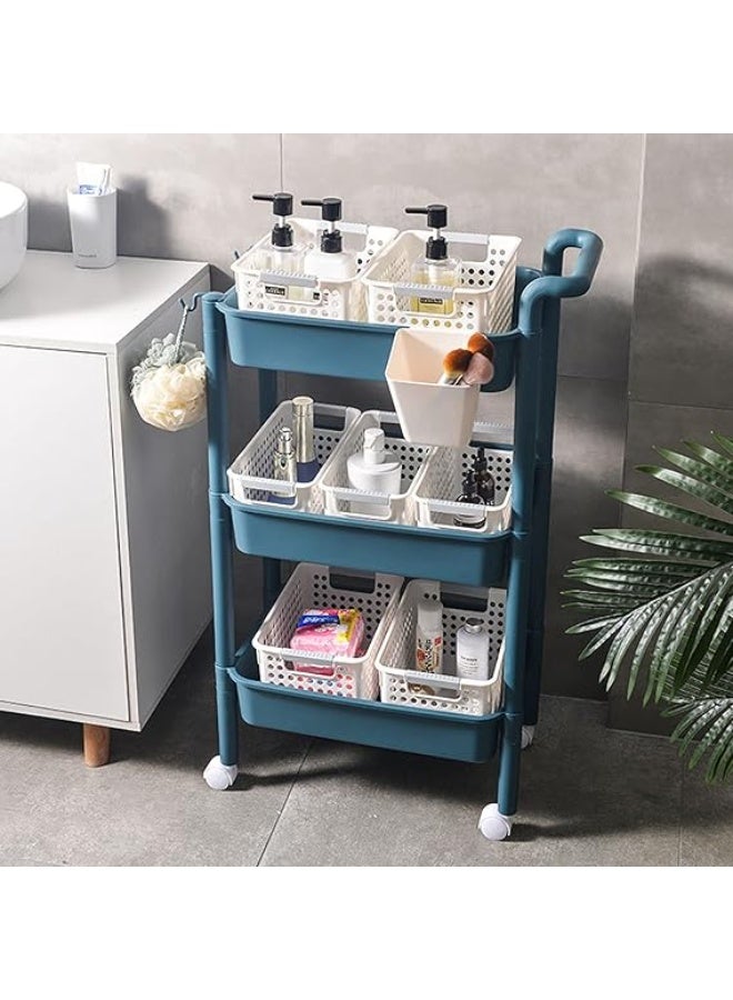 Rolling Cart: 3-Tier Cart Storage Rack with One-Sided Armrest Plastic Lightweight Storage Trolley with 360 Degree Wheels Mobile Serving Cart with 2 Side Hooks Utility cart, White - Image 4