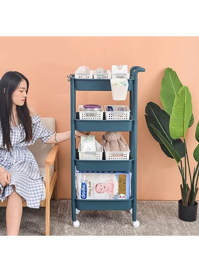 Rolling Cart: 3-Tier Cart Storage Rack with One-Sided Armrest Plastic Lightweight Storage Trolley with 360 Degree Wheels Mobile Serving Cart with 2 Side Hooks Utility cart, White - Image 3