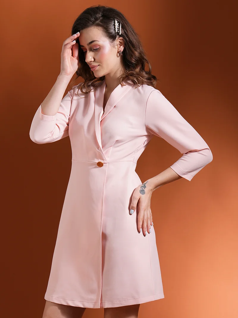 جلو باص فستان نسائي سادة بياقة مدببة