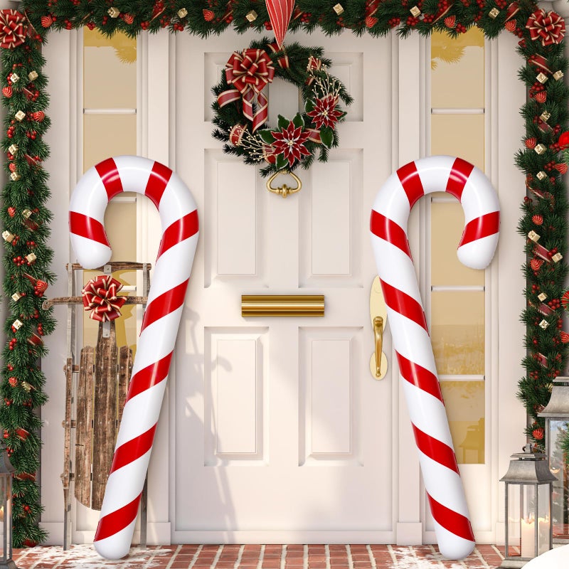 Whaline 65 Inch Christmas Inflatable Candy Cane Blow Up Balloon Decoration Red Striped Candy Cane Pool Noodles for Xmas Holiday Party Swimming Pool Beach Set of 2 - Image 2