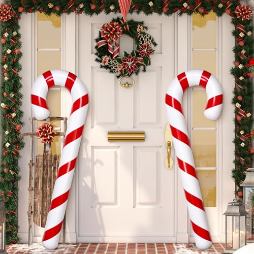 Whaline 65 Inch Christmas Inflatable Candy Cane Blow Up Balloon Decoration Red Striped Candy Cane Pool Noodles for Xmas Holiday Party Swimming Pool Beach Set of 2 - Image 1