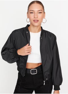 Black Oversize Drawstring Detailed Water Repellent Bomber Jacket Coat TWOSS22MO0099