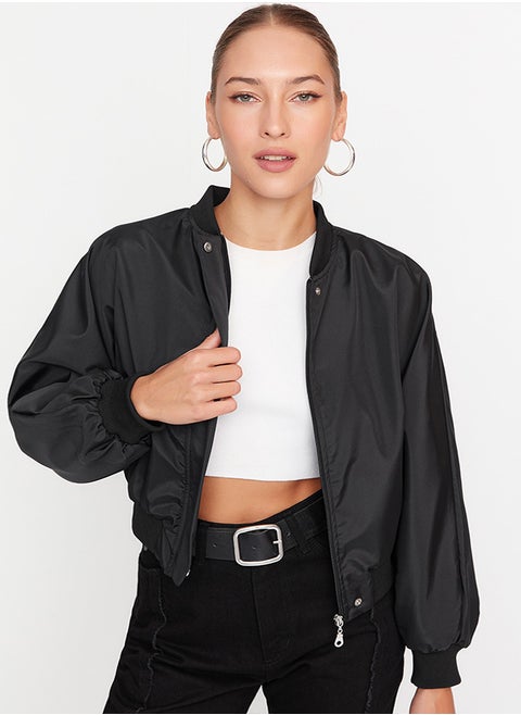 Black Oversize Drawstring Detailed Water Repellent Bomber Jacket Coat TWOSS22MO0099