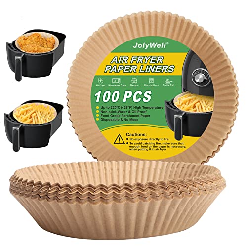 JolyWell Air Fryer Paper Liner, Unbleached & Biodegradable Material, Disposable Non-stick Parchment Paper for Frying, Baking, Roasting & Grilling (100Pcs-6.3") - Image 1