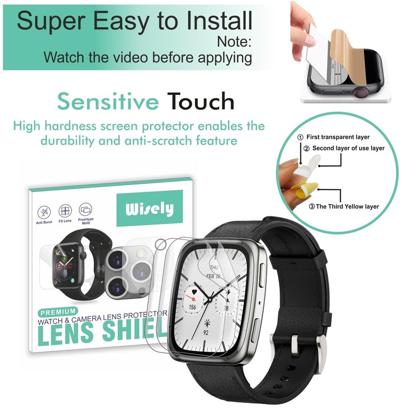 Wisely حزمة 3 - واقي شاشة متوافق لساعات أمازفيت أكتيف 2 الذكية مربعة الشكل، 1.75 بوصة، شفاف عالي الدقة، تغطية كاملة، مجموعة تركيب خالية من الفقاعات - Image 2