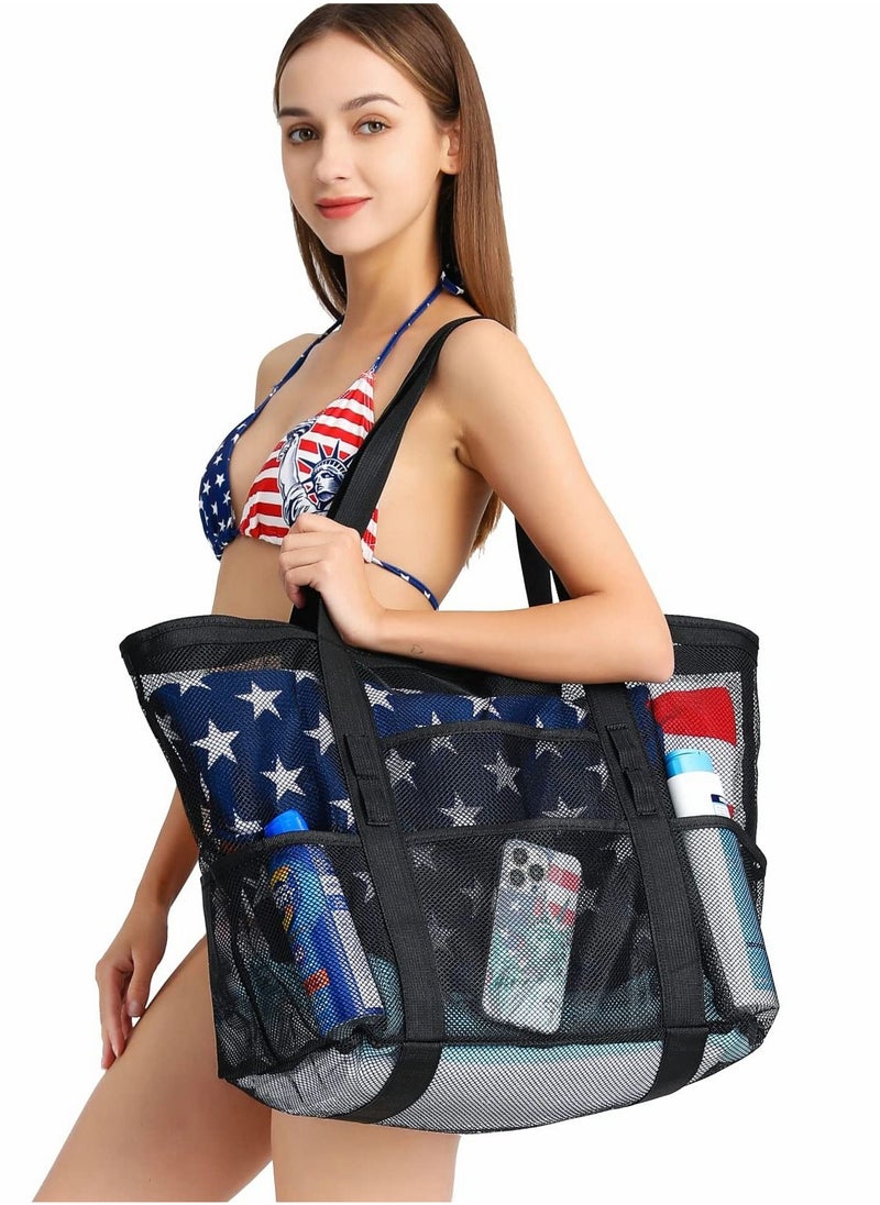 Excefore Beach Bag, Large Tote Bag for Women Travel, Mesh Toys, Towel, flip flops, Black  - Image 2