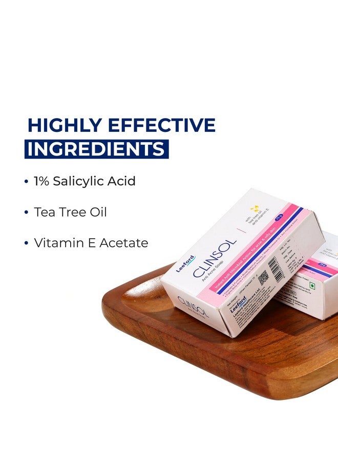Leeford Clinsol Anti-Acne Soap with Tea Tree Oil & Vitamin E | Acne Fighting Soap for Men & Women | Treats & Prevents Acne, Controls Oil & Sooths Skin Pack of 3 (75g Each) - Image 3