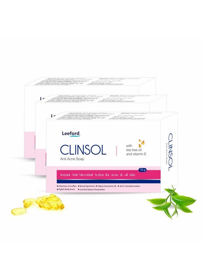 Leeford Clinsol Anti-Acne Soap with Tea Tree Oil & Vitamin E | Acne Fighting Soap for Men & Women | Treats & Prevents Acne, Controls Oil & Sooths Skin Pack of 3 (75g Each) - Image 1