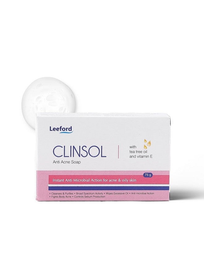 Leeford Clinsol Anti-Acne Soap with Tea Tree Oil & Vitamin E | Acne Fighting Soap for Men & Women | Treats & Prevents Acne, Controls Oil & Sooths Skin Pack of 3 (75g Each) - Image 2