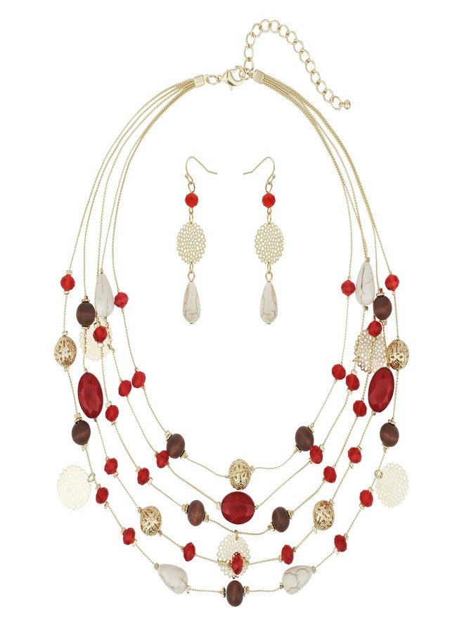 Coiris 5Layer Multi Color Beaded Illusion Wire Collar Statement Necklace with Earrings for Women (N0026-Red+White) - Image 1