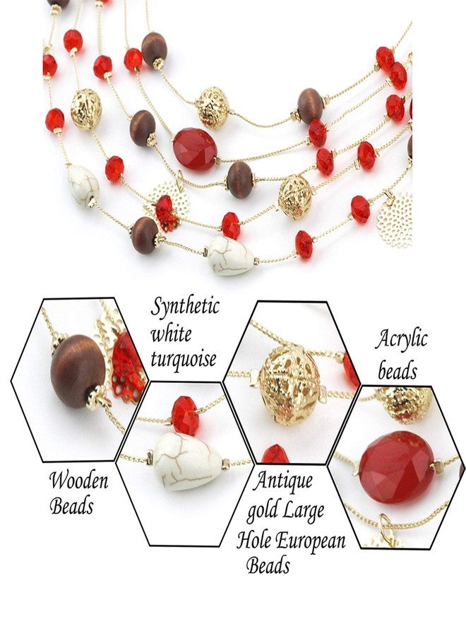 Coiris 5Layer Multi Color Beaded Illusion Wire Collar Statement Necklace with Earrings for Women (N0026-Red+White) - Image 3