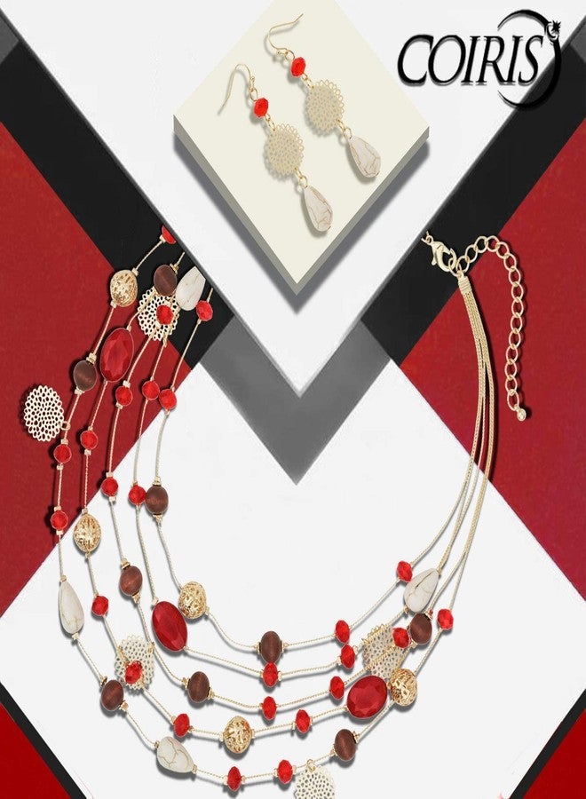 Coiris 5Layer Multi Color Beaded Illusion Wire Collar Statement Necklace with Earrings for Women (N0026-Red+White) - Image 4