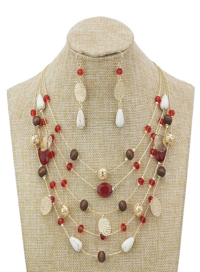 Coiris 5Layer Multi Color Beaded Illusion Wire Collar Statement Necklace with Earrings for Women (N0026-Red+White) - Image 2