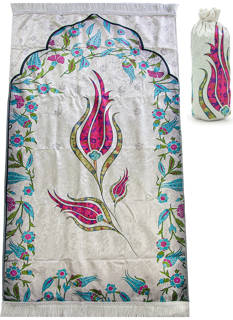 İhvan Online Marbled Tulip Patterned Prayer Rug with Silk Textured Carrying Bag - Fuchsia