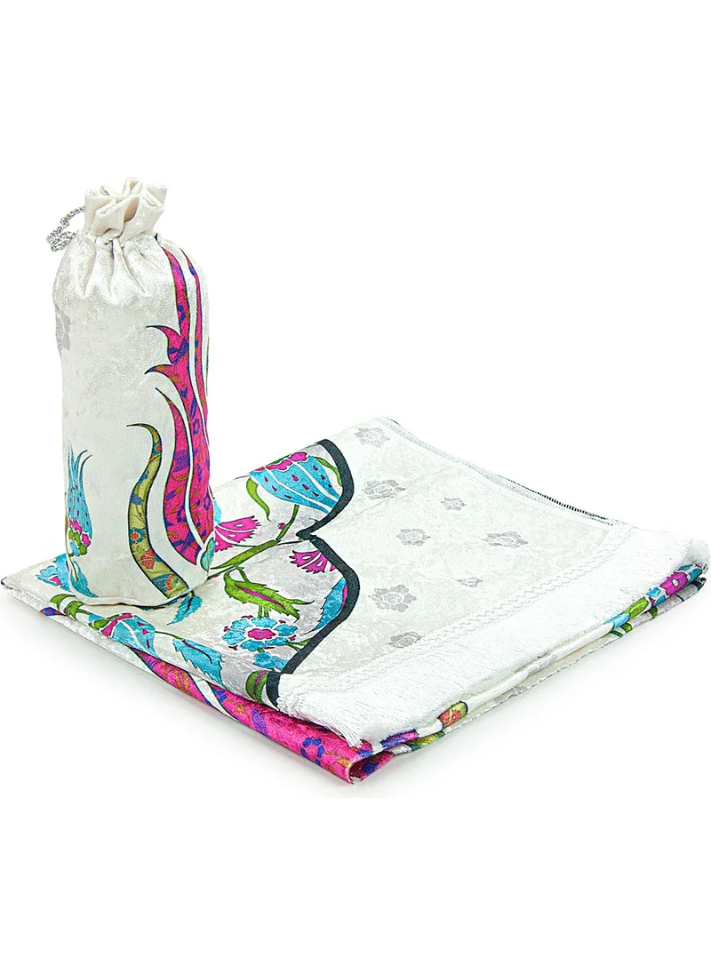 İhvan Online Marbled Tulip Patterned Prayer Rug with Silk Textured Carrying Bag - Fuchsia