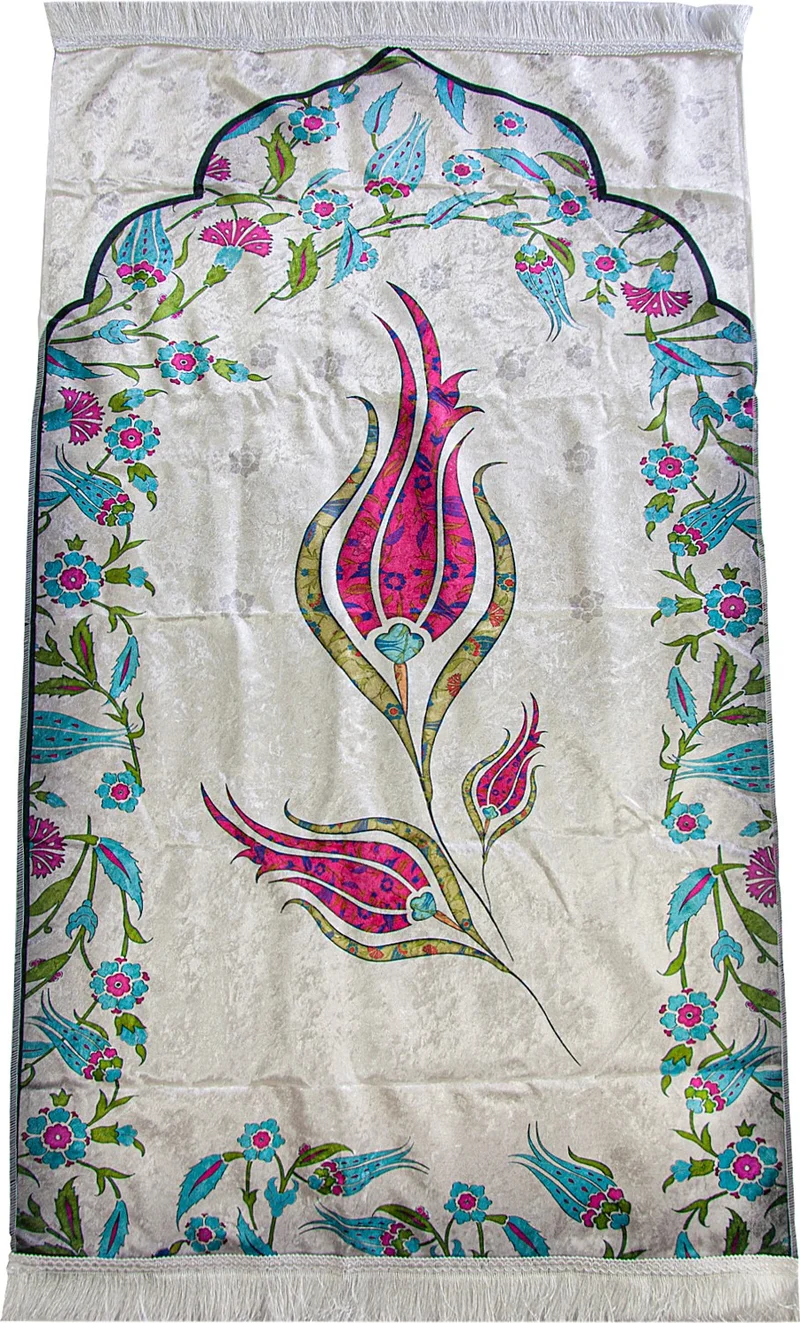 İhvan Online Marbled Tulip Patterned Prayer Rug with Silk Textured Carrying Bag - Fuchsia