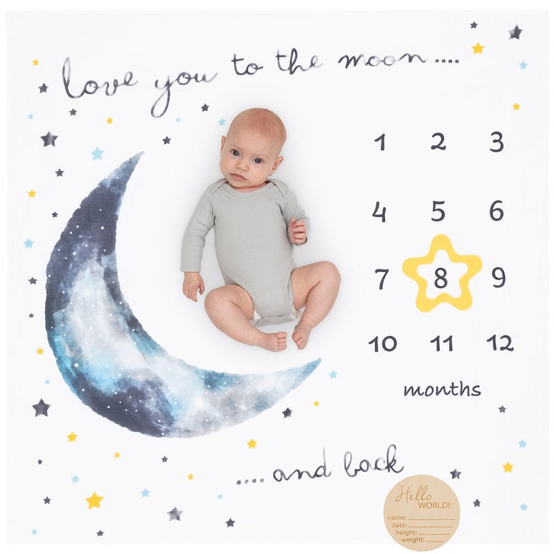 Pondering Pine Organic Baby Monthly Milestone Blanket Boy - Love You to The Moon and Back Blanket for Boys, Growth Chart for 1-12 Months Milestones, Gender Neutral, 47â€x47â€ - Image 1