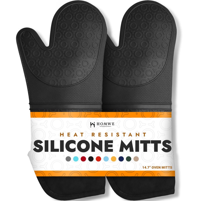 HOMWE BPA-Free Silicone Oven Mitts Ultra Heat Resistant up to 500Â°F - Oven Mitts with Thick Cotton Liner - Long Slip Resistant Pot Holders, Flexible Oven Gloves - Black 14.7 - Image 1