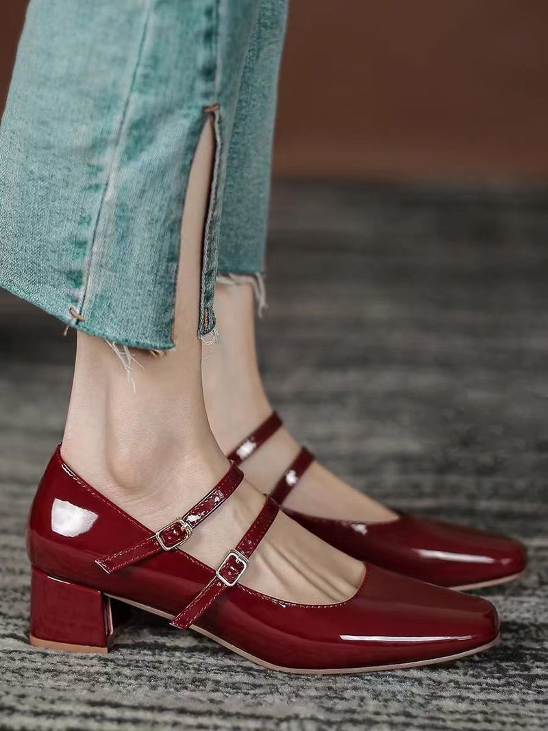 Thick Heel Vintage Mary Jane Shoes Womens 2024 New All-match Fashion Shoes Black Shallow Mouth Fairy Style Baotou Shoes Red