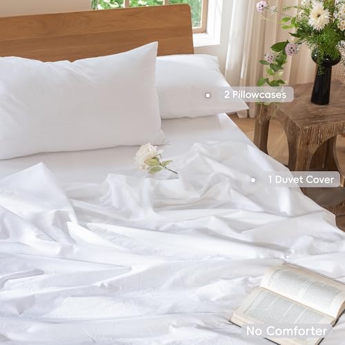 MooMee Bedding Duvet Cover Set 100% Washed Cotton Linen Like Textured Breathable Durable Soft Comfy (Solid Bright White, Queen 90"x90") - Image 2