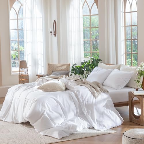MooMee Bedding Duvet Cover Set 100% Washed Cotton Linen Like Textured Breathable Durable Soft Comfy (Solid Bright White, Queen 90"x90") - Image 3