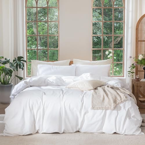 MooMee Bedding Duvet Cover Set 100% Washed Cotton Linen Like Textured Breathable Durable Soft Comfy (Solid Bright White, Queen 90"x90") - Image 1