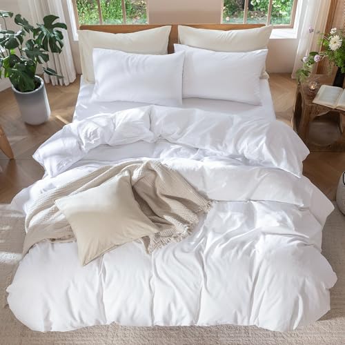 MooMee Bedding Duvet Cover Set 100% Washed Cotton Linen Like Textured Breathable Durable Soft Comfy (Solid Bright White, Queen 90"x90") - Image 5