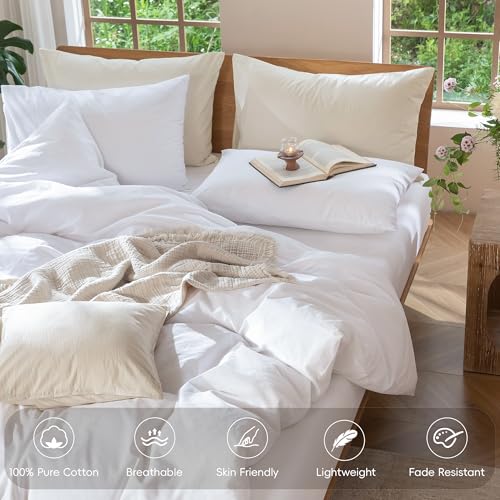 MooMee Bedding Duvet Cover Set 100% Washed Cotton Linen Like Textured Breathable Durable Soft Comfy (Solid Bright White, Queen 90"x90") - Image 4
